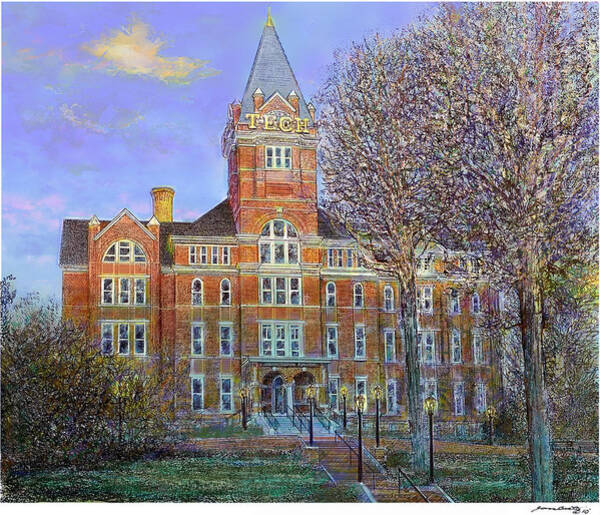 Ink and watercolor artwork of the Georgia Tech tower in spring by James Beath