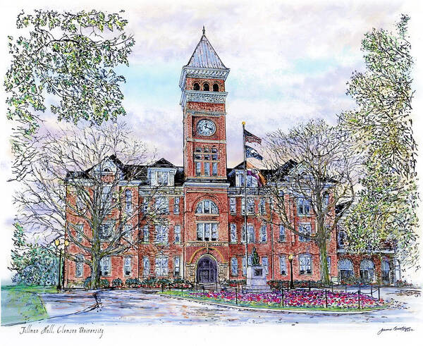 Ink and watercolor rendering of Tillman Hall at Clemson University by James Beath