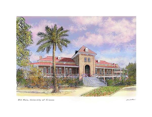Ink and watercolor rendering of Old Main at University of Arizona by James Beath