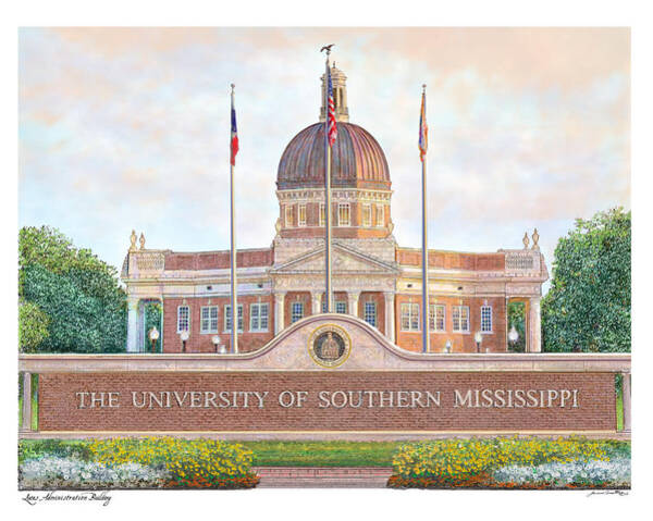Ink and watercolor campus artwork for University of Southern Mississippi by James Beath