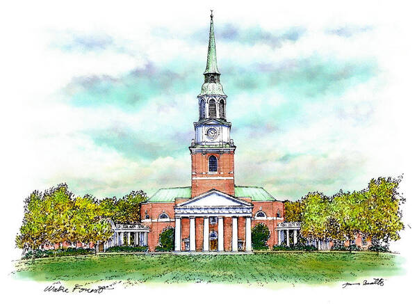 Ink and watercolor rendering of Wait Chapel at Wake Forest University by James Beath